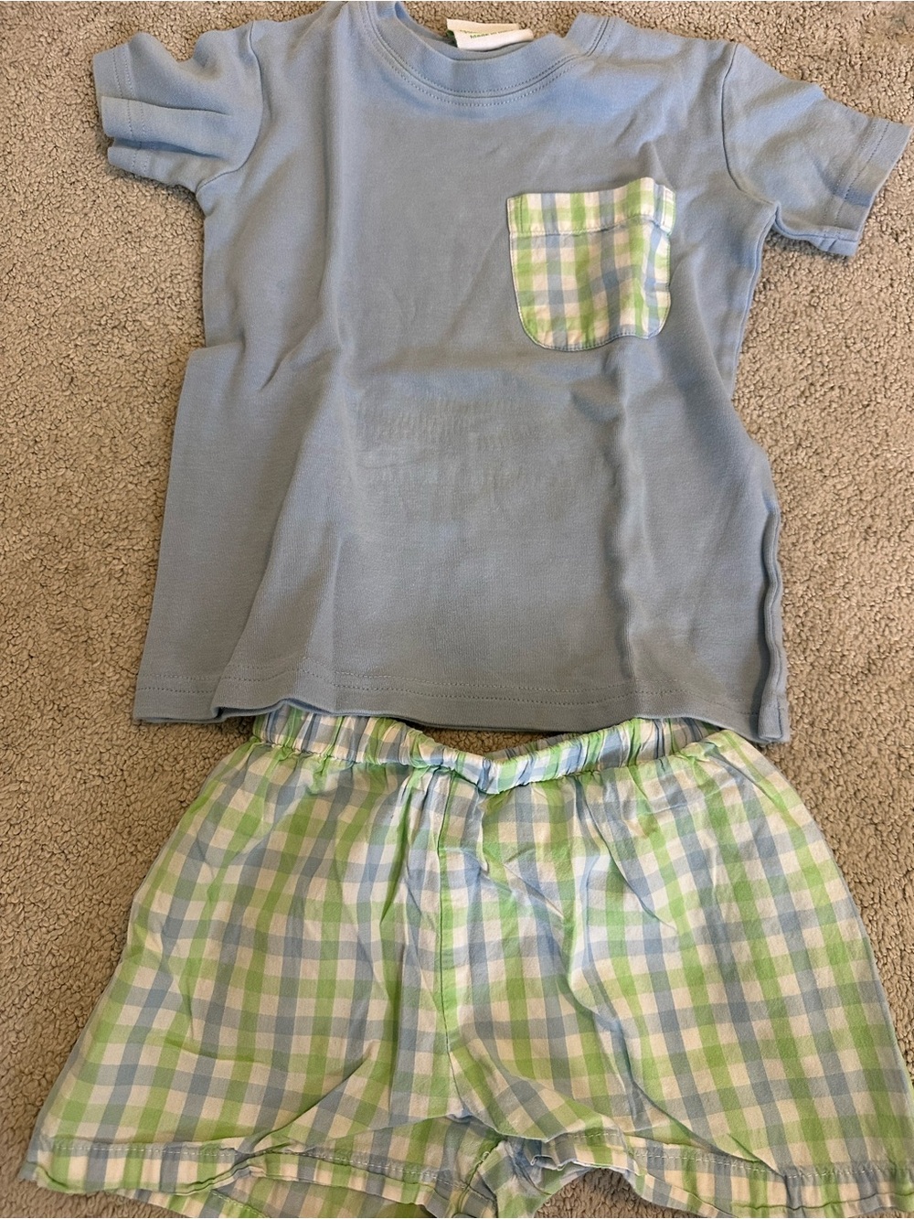 Kids Light Blue Play  Set with Green Plaid Pocket and Shorts
